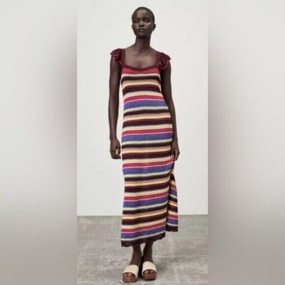 NWT Women's Zara Special Edition Crochet Knit Striped Maxi Dress SIZE M - Picture 2 of 6